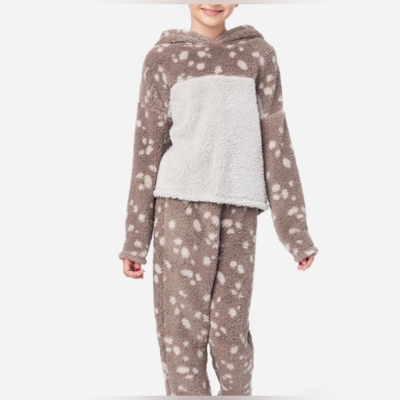 Justice Girls Hooded Reindeer Sherpa Pajamas Plush 2 Piece PJ Set Deer Antlers - Picture 2 of 15